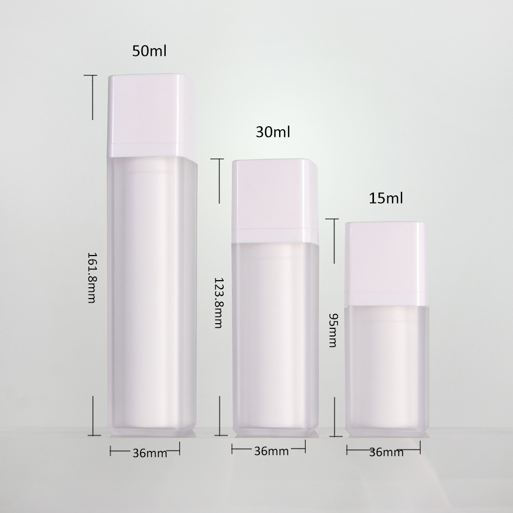 White Frosted Square Vacuum Bottle 15ml/30ml/50ml Refillable Cosmetic Serum Lotion Travel Skincare Packaging