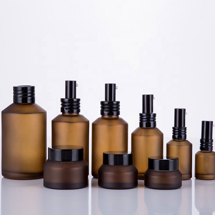 Matte Frosted Cosmetic Packaging Set Slant Shoulder Glass Bottle Cream Serum Skincare Lotion Bottle Jars