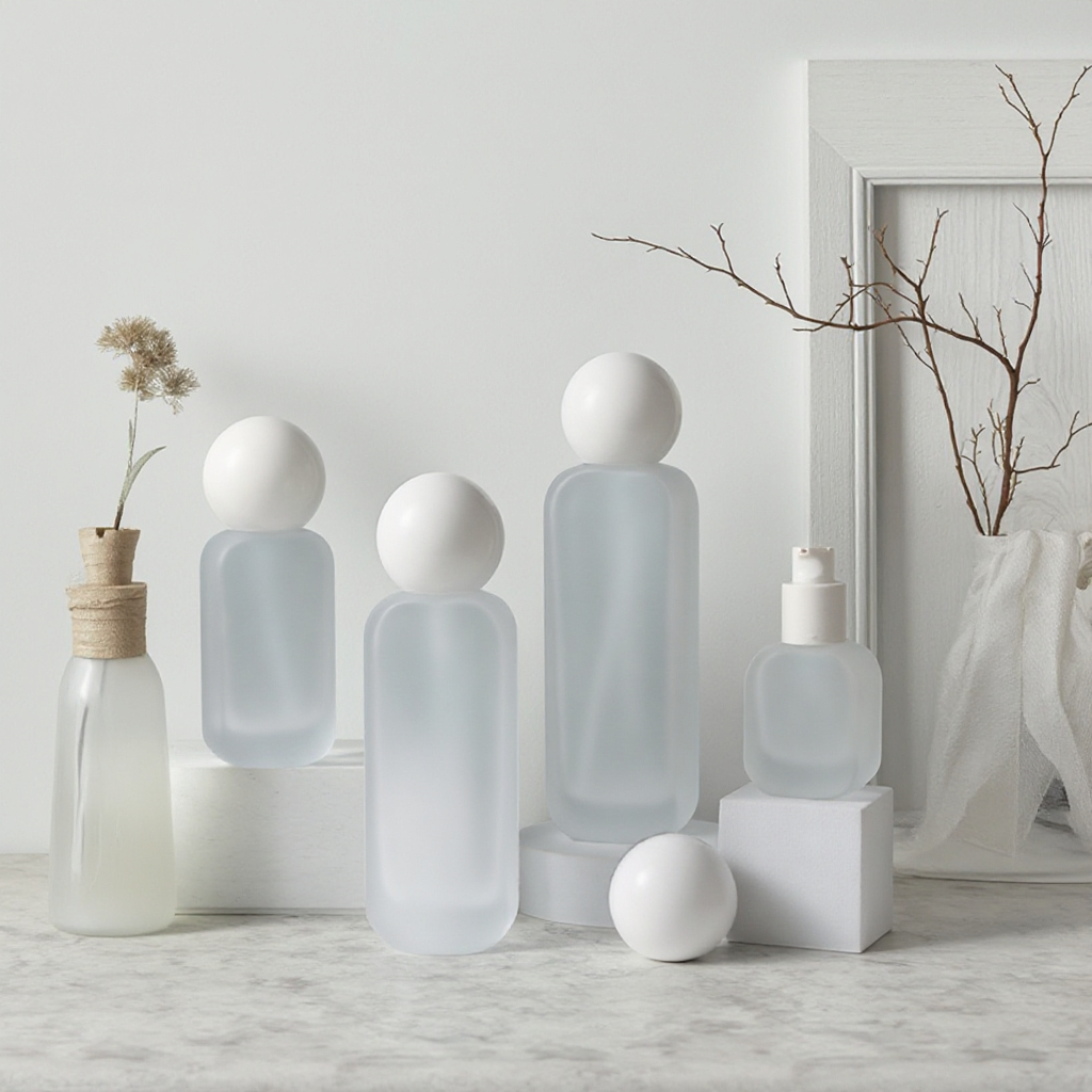 Luxury Frosted Skincare Packaging Set with Unique Spherical Ball Lid 20ml-120ml Glass Bottle &amp; Jar for Organic Cosmetic Brand