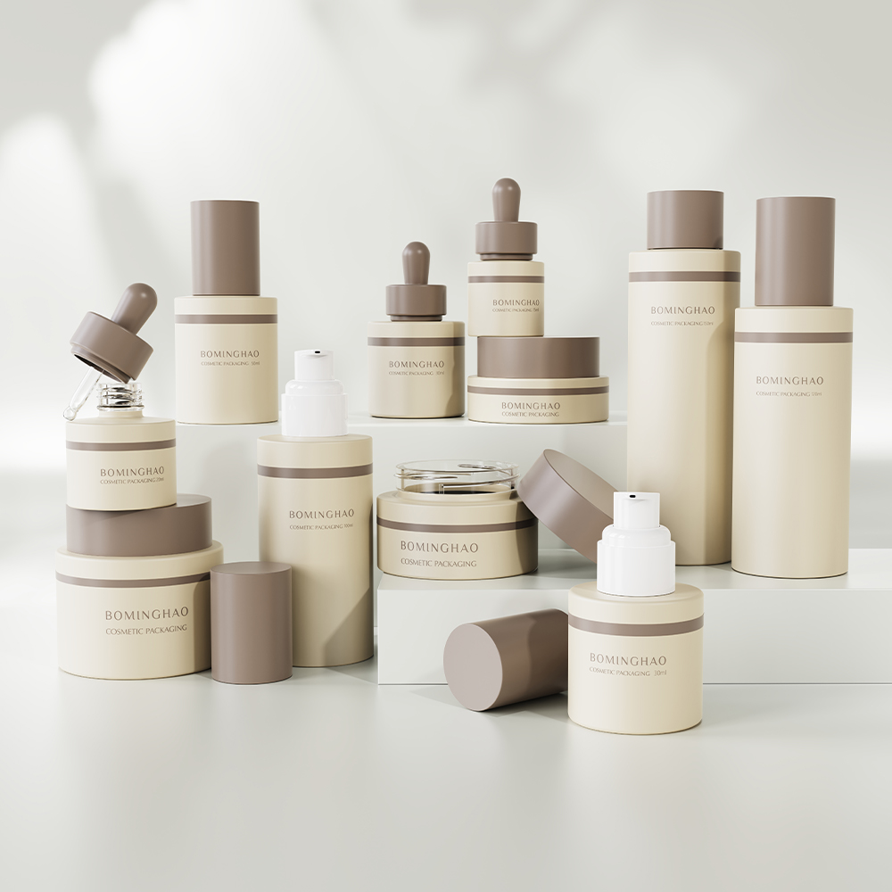 Custom 50g Cosmetic Face Cream Jar Brown Shiny Glass Skincare Packaging 30 50 100ml Flat Serum Bottle Set