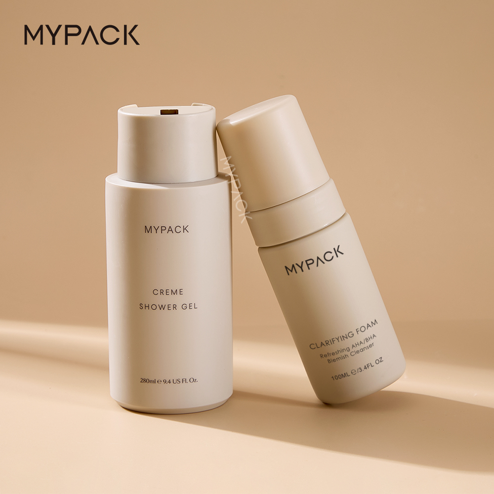 MYPACK Luxury Soft Touch Pe Beige Plastic Round Shampoo Lotion Pump Squeeze Bottles Set Cosmetic Cream 100ml 200ml 450ml