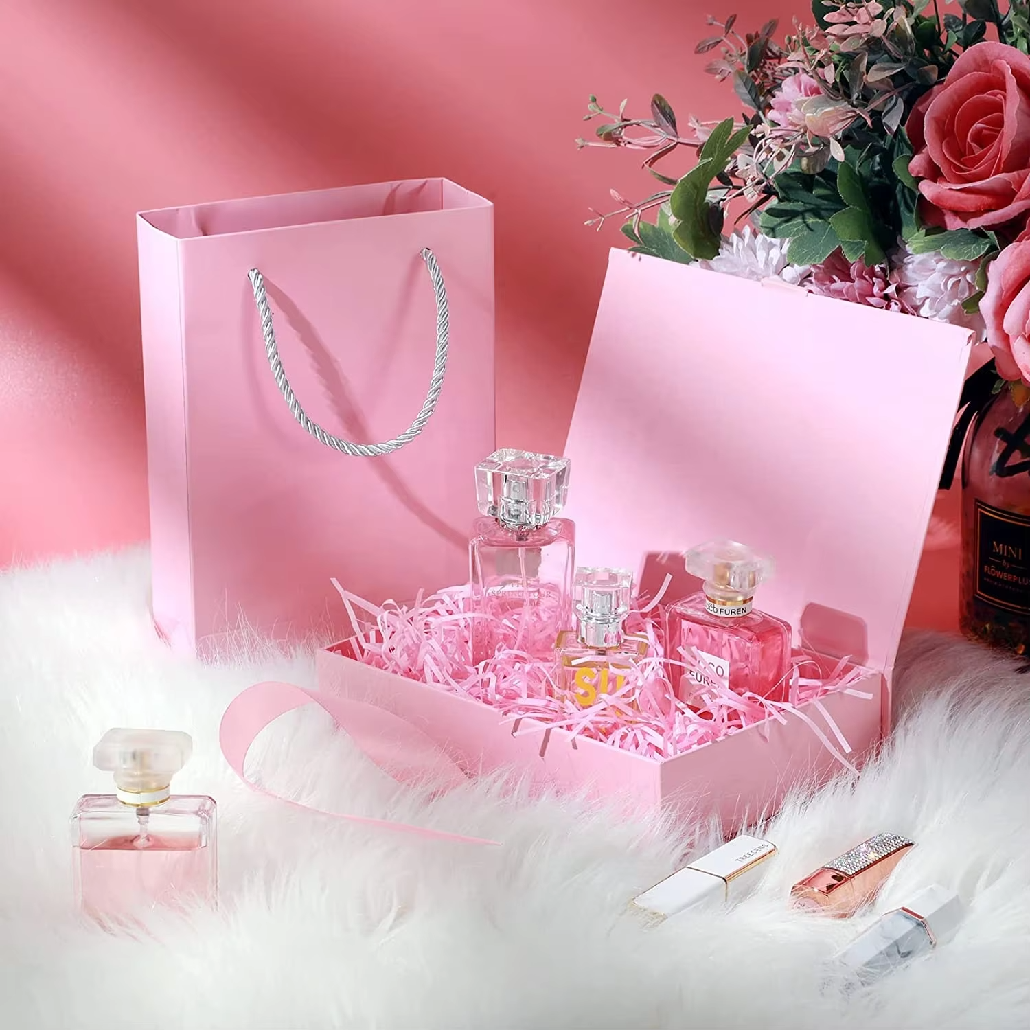 Custom Logo Luxury Rigid Pink Gift Box With Lids Magnetic Closure Collapsible With Ribbon For Gift Packaging With Bag