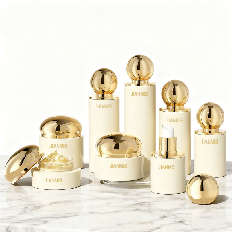 Luxury Wholesale Gold Ball-Shaped Glass Bottle Set Unique Lotion Pump Cream Jar With Offset Printing For Cosmetic Packaging