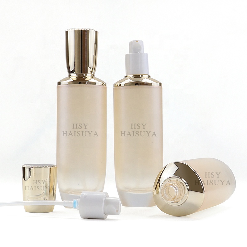 Translucent Beige Glass Jars Set Skin Care 50g 50ml 100ml 120ml Flat Shape Screw Cap Face Cream Serum Screen Printing