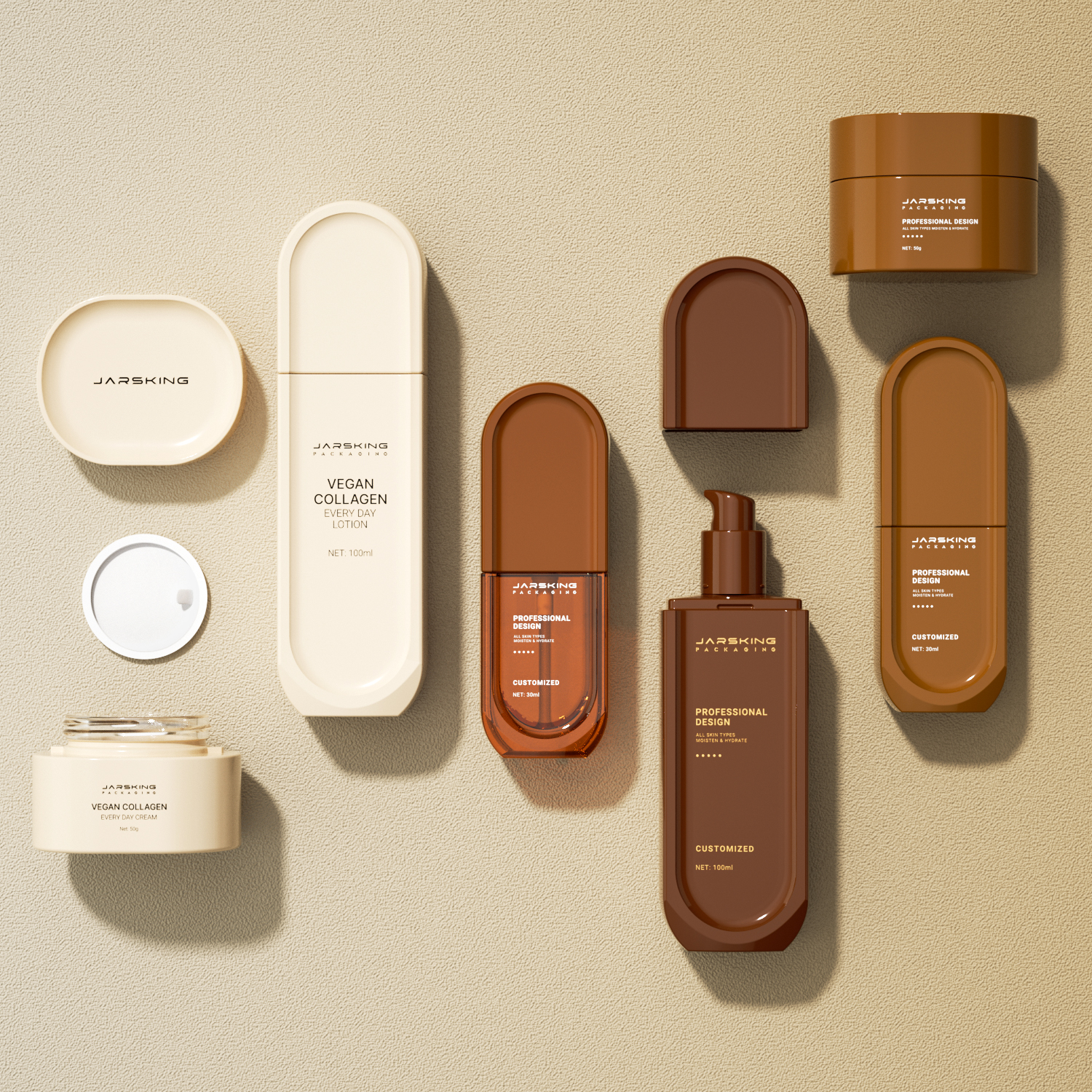 New Flat Capsule Shape Amber Spray Skin Care Bottle Set Body Care Cream Packaging Set Glass Cosmetics Bottles And Jars