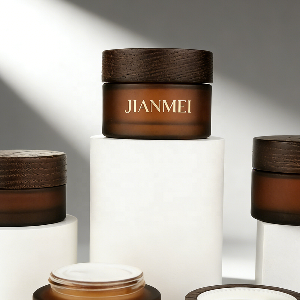 Frosted Amber Glass Jars 250ml 200ml 150ml 100ml 50ml 30ml 15ml Face Cream Glass Jar with Wooden Lid for Cosmetic Jar