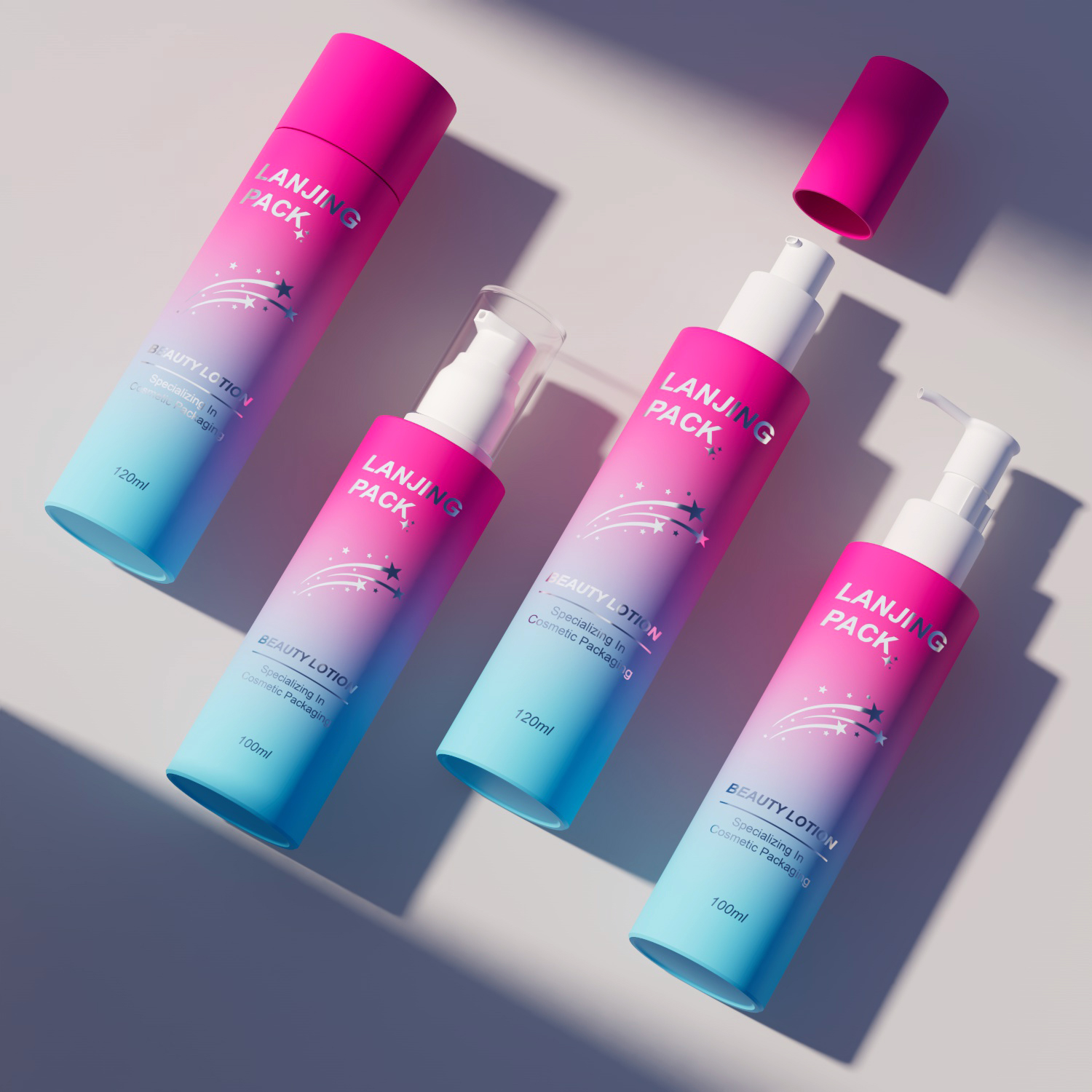 Custom pink Blue Frosted Cylinder Serum Bottle Skincare Packaging Essential Oil Empty Pump Glass Bottles for Cosmetic with Box