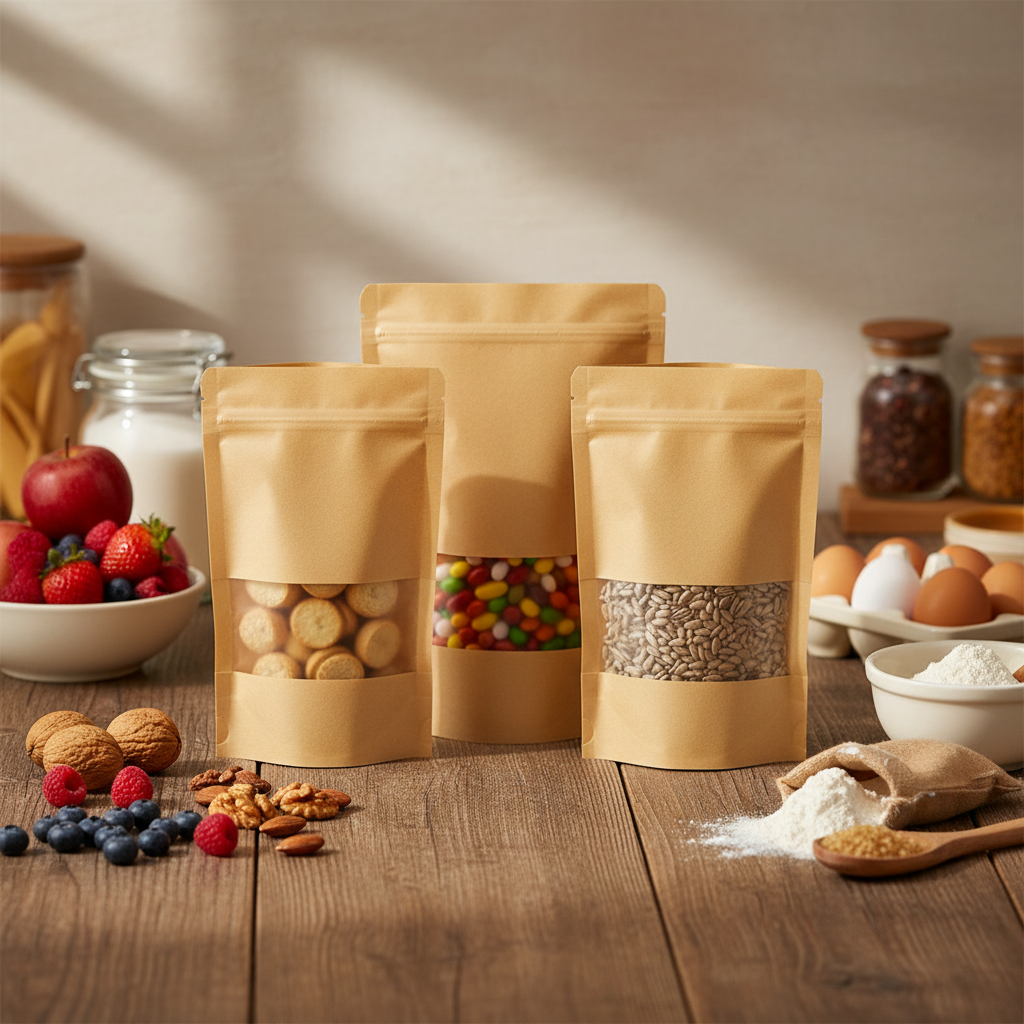 Custom Biodegradable Clear Kraft Stand Pouches With Zipper Resealable New Classic Style For Food Packaging For Sugar Other Foods