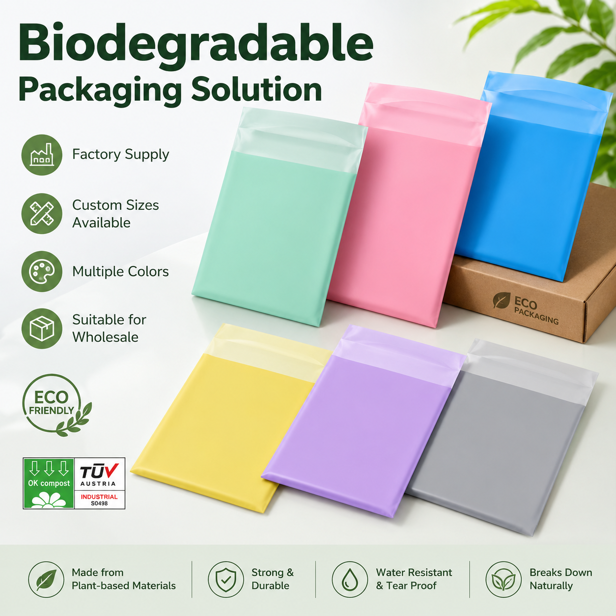 Biodegradable PE Plastic Ziplock Bags Custom Color &amp; Logo Self-Sealing Waterproof for E-commerce Packaging