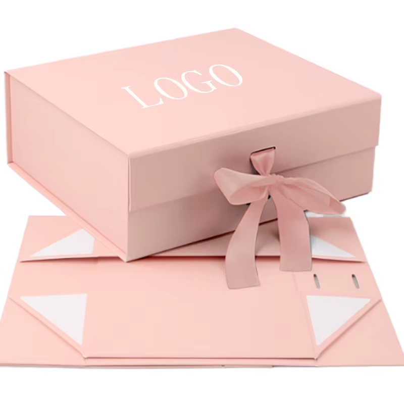 Custom Logo Luxury Rigid Pink Gift Box With Lids Magnetic Closure Collapsible With Ribbon For Gift Packaging With Bag