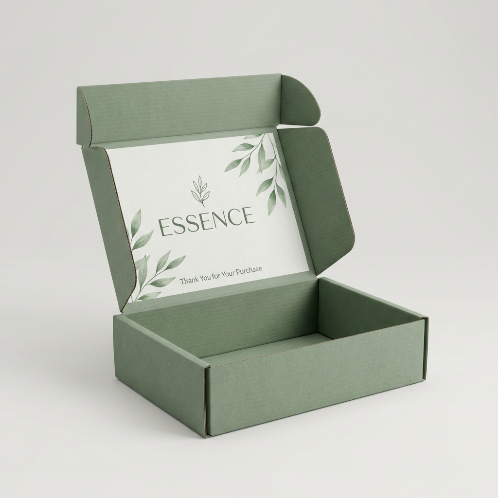 Custom Logo Sage Green Corrugated Mailer Box with Internal Nature Print for Organic Skincare