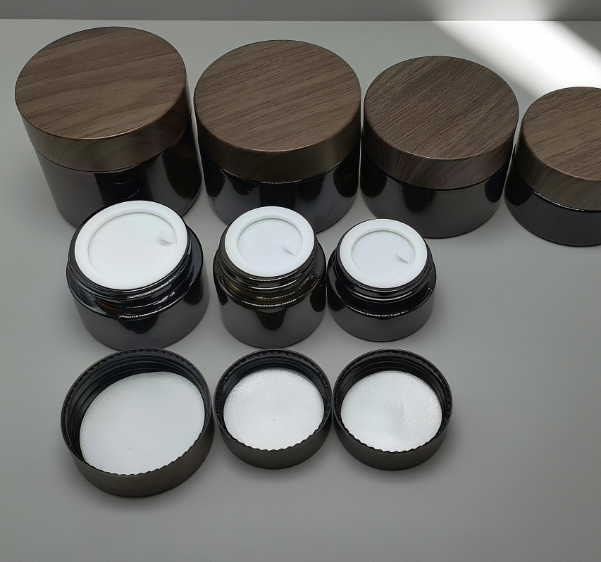 Luxury 30g 50g 60g 2oz Empty Amber Plastic Bamboo Wood Grain Cream Jar Black Lid Amber Glass Cosmetic Jar with Body Butter Cream
