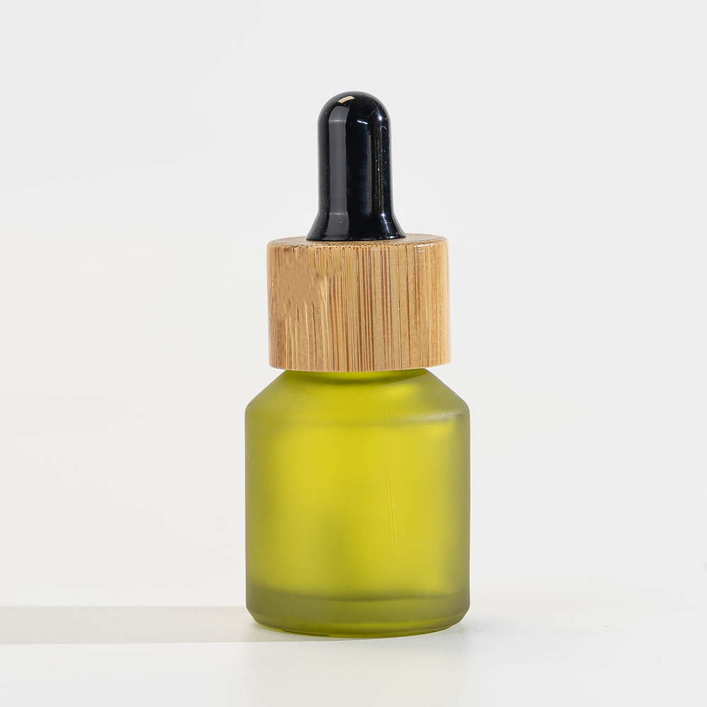 Inclined Shoulder Olive Green Glass Bottle 30 ml 60 ml 100 ml 200 ml Cosmetic Bottle and 30 gm 50 gm Glass Jar with Bamboo Lid