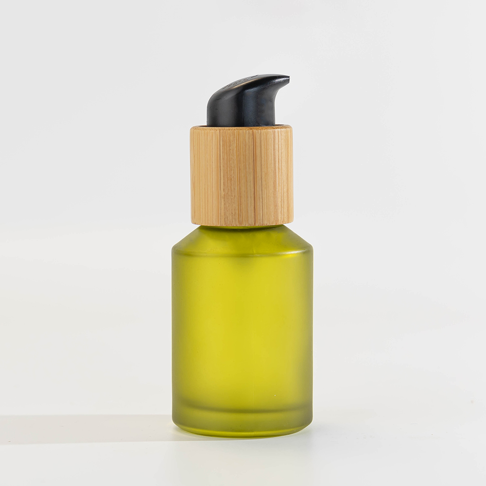 Inclined Shoulder Olive Green Glass Bottle 30 ml 60 ml 100 ml 200 ml Cosmetic Bottle and 30 gm 50 gm Glass Jar with Bamboo Lid
