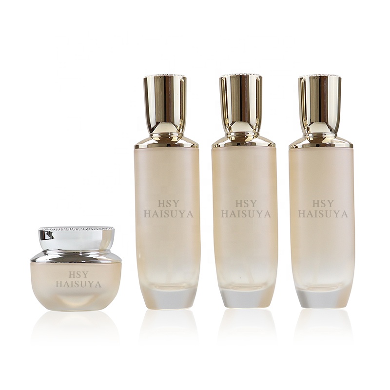Translucent Beige Glass Jars Set Skin Care 50g 50ml 100ml 120ml Flat Shape Screw Cap Face Cream Serum Screen Printing