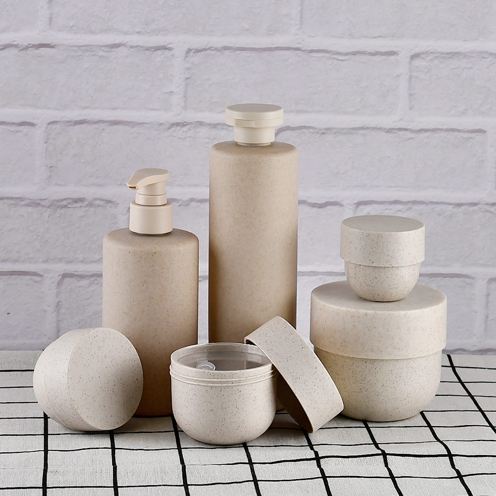 Wholesale Cosmetic Packaging 100ml 250ml 300ml 400ml 500ml Beige Biodegradable Wheat Straw Lotion Shampoo Bottles With Pump