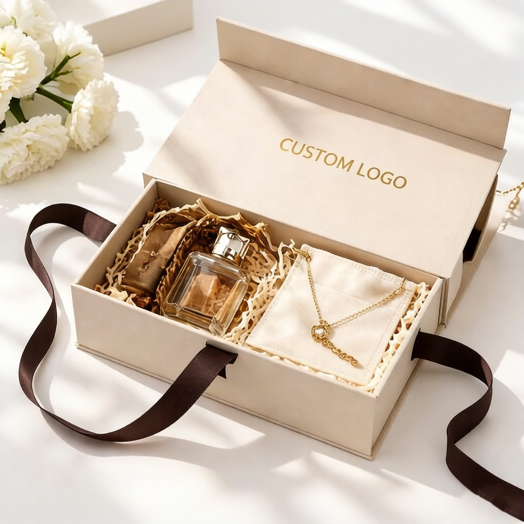 Custom Rigid Gift Box Linen Texture Paper Packaging Box With Ribbon For Jewelry Beauty And Perfume