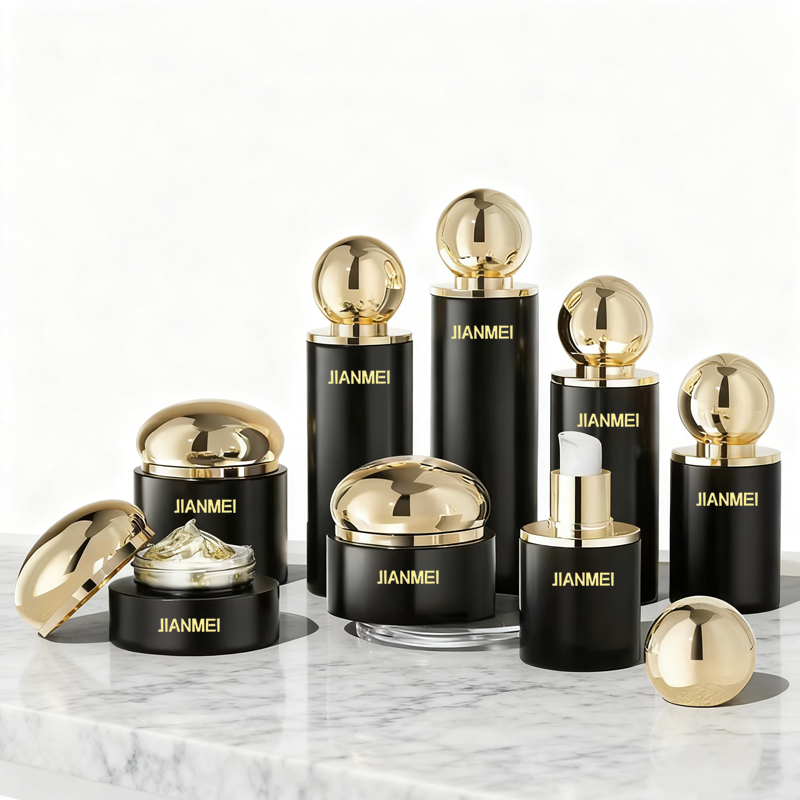 Round Cover Cap Glass Bottles 30g 50g 100g Cosmetic Cream Jar With 120ml 150ml Bottle Gold Cosmetic Packaging Set