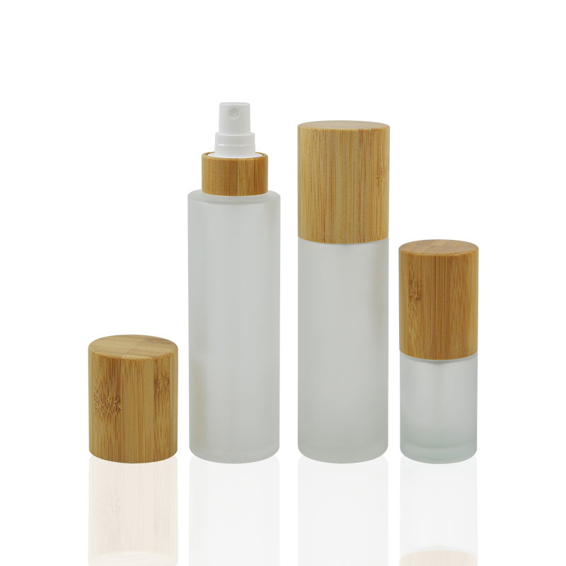 Cosmetics Sets Skincare Bamboo Pump Head Lotion White Glass Frosted Dropper Bottle Packaging Containers