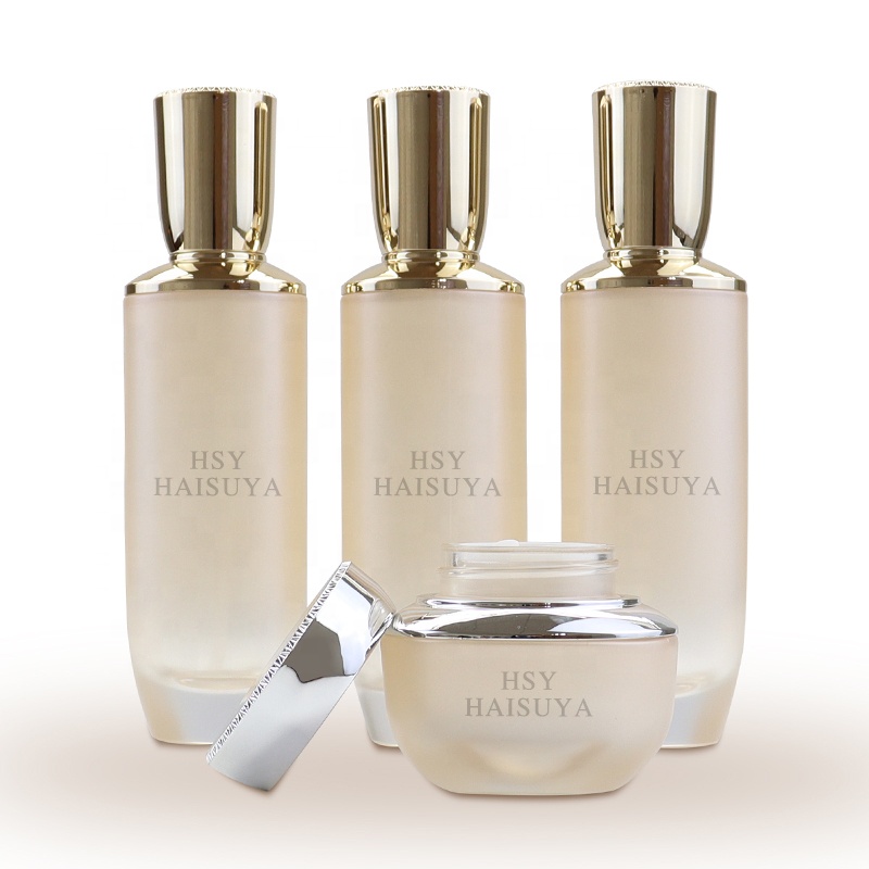 Translucent Beige Glass Jars Set Skin Care 50g 50ml 100ml 120ml Flat Shape Screw Cap Face Cream Serum Screen Printing