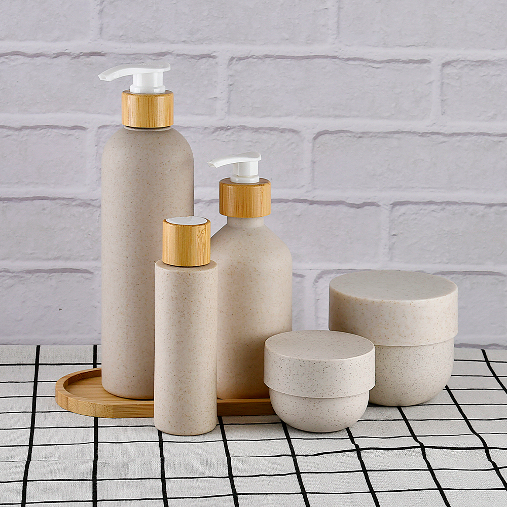Wholesale Cosmetic Packaging 100ml 250ml 300ml 400ml 500ml Beige Biodegradable Wheat Straw Lotion Shampoo Bottles With Pump