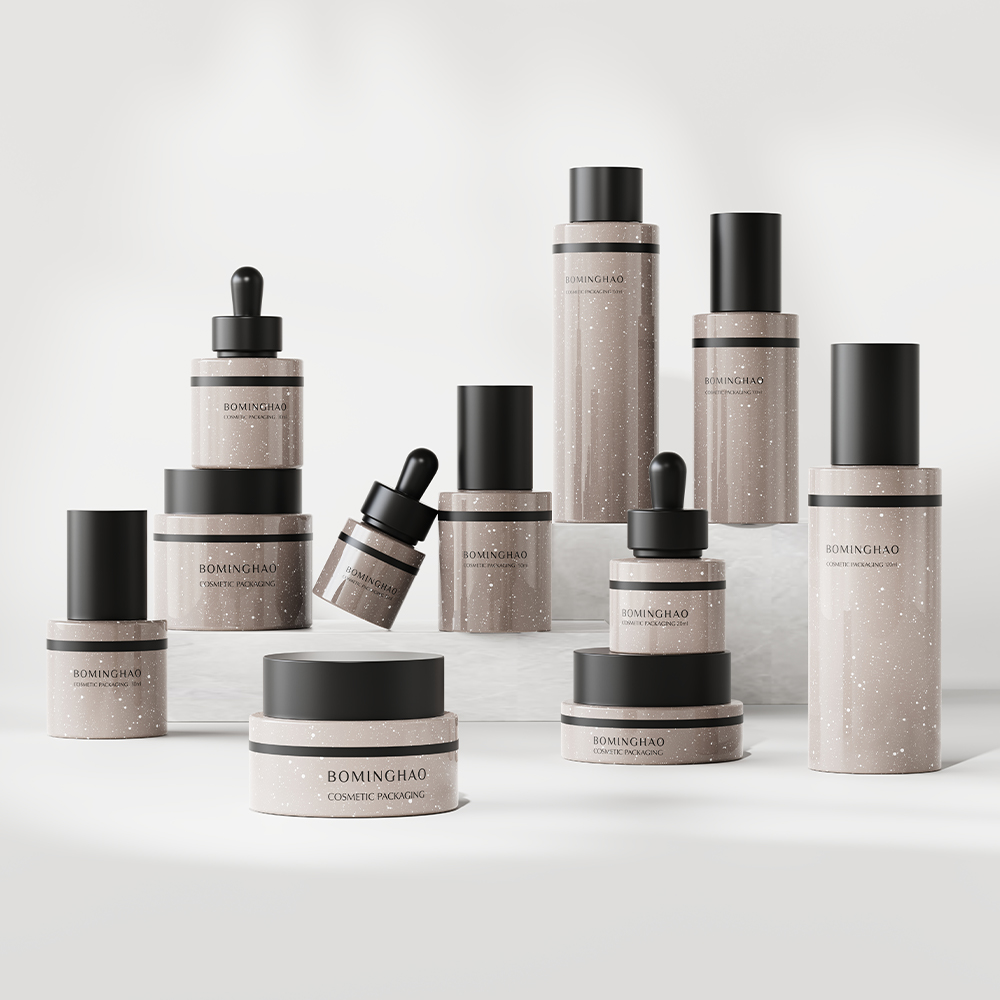 Custom 50g Cosmetic Face Cream Jar Brown Shiny Glass Skincare Packaging 30 50 100ml Flat Serum Bottle Set
