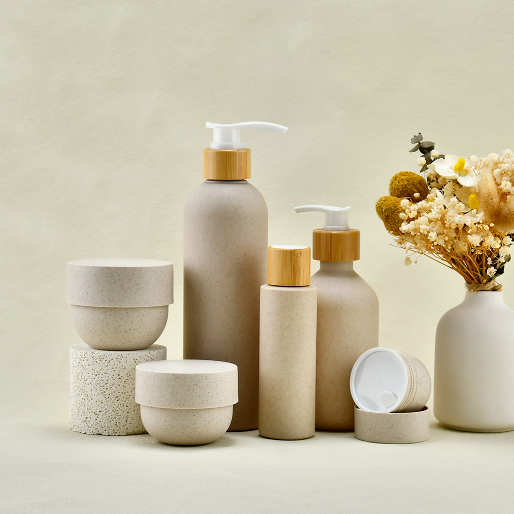 Wholesale Cosmetic Packaging 100ml 250ml 300ml 400ml 500ml Beige Biodegradable Wheat Straw Lotion Shampoo Bottles With Pump