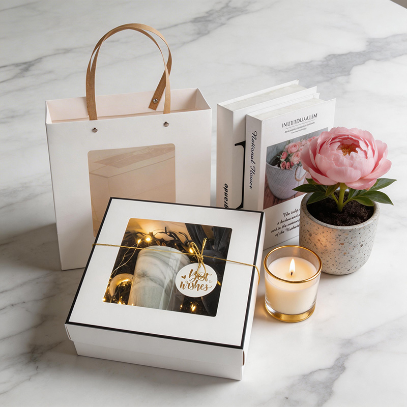 Recyclable Square Paperboard Window Gift Box with Beautiful Fold Transparent Design Hand Gift for Valentine's Day-Customizable