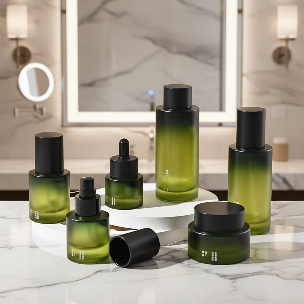 Cylinder Cosmetic Glass Bottle Set 30ml 50ml 100ml Face Cream Serum Lotion Custom Gradient Green Color Dropper