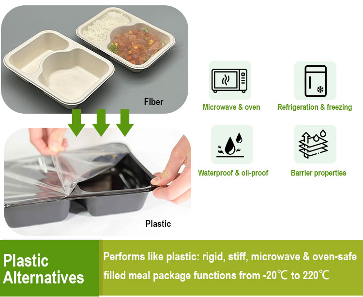 CPET Coating Meal Tray Biodegradable Sugarcane Bagasse Disposable Ready to Eat Meals Packaging