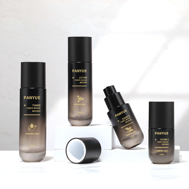 Customizable Color and Logo Lotion Pump Premium Skincare Packaging All Black Glass Bottle Set 100ml 120ml