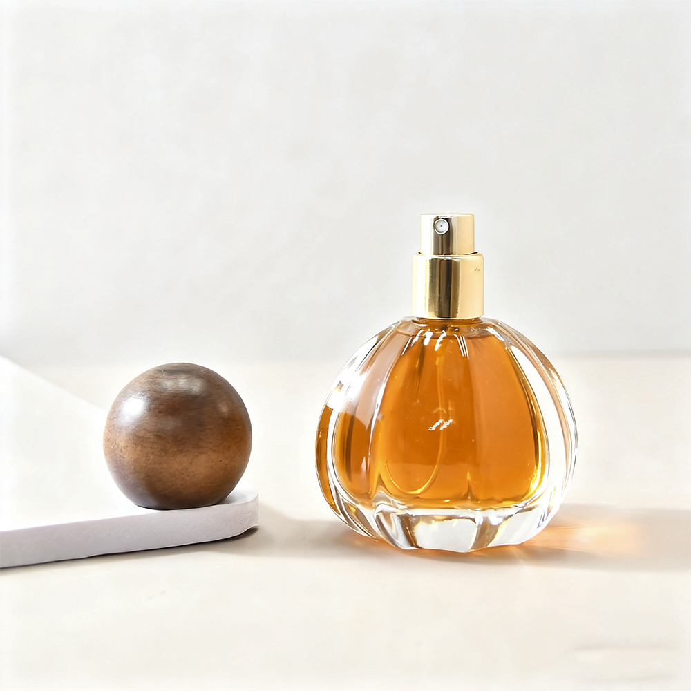 Luxury Modern Unique Round Pumpkin Shaped Glossy 50ml Glass Spray Perfume Bottles With Matte Black Wooden Ball Caps