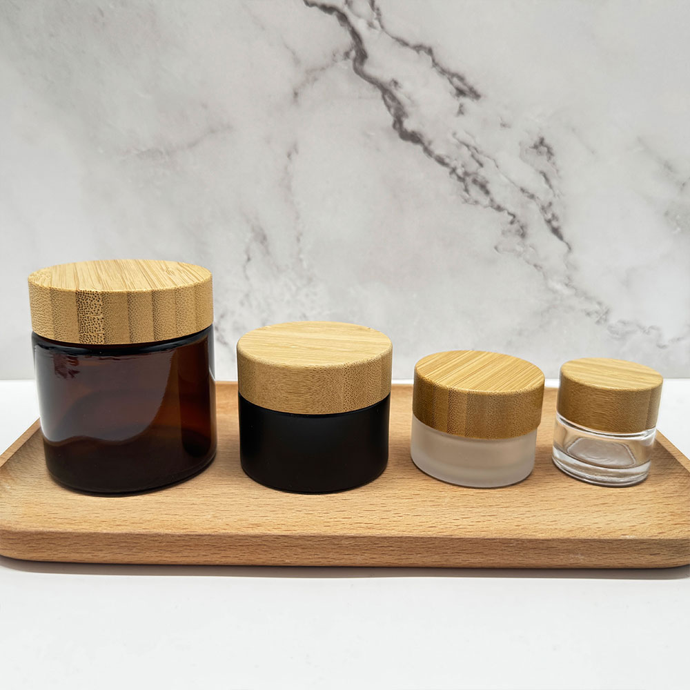Empty 5g 15g 30g 50g 60g 100g Frosted Amber Face Body Cream Skin Care Containers Bamboo Glass Cosmetic Jars With Bamboo Lid