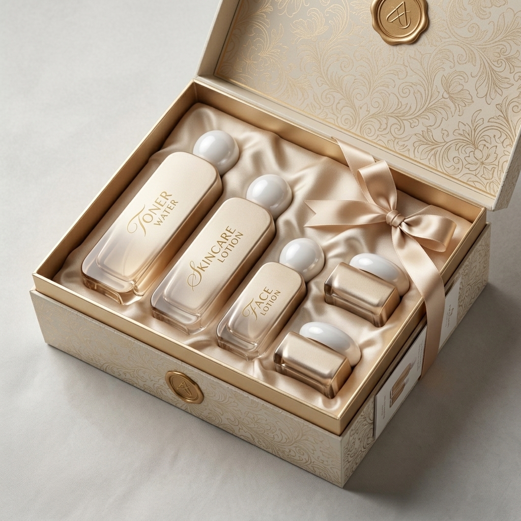 Luxury Champagne Gold Makeup Remover Lotion Bottle Skincare Package With 2oz Glass Cream Jar 320 Ml Glass Toner Water Bottle