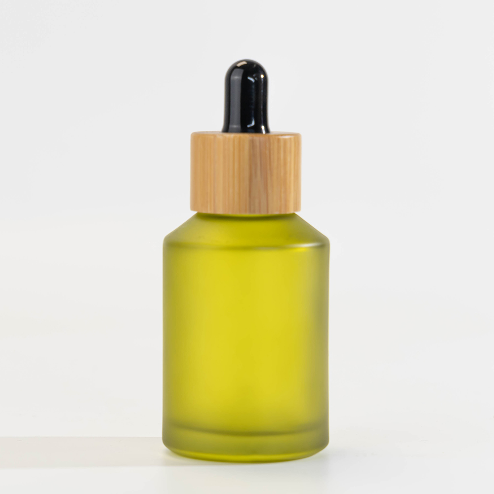 Inclined Shoulder Olive Green Glass Bottle 30 ml 60 ml 100 ml 200 ml Cosmetic Bottle and 30 gm 50 gm Glass Jar with Bamboo Lid