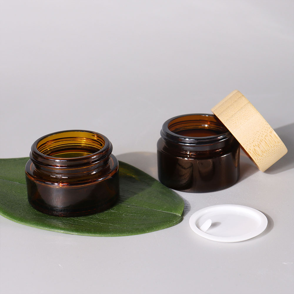 Empty 5g 15g 30g 50g 60g 100g Frosted Amber Face Body Cream Skin Care Containers Bamboo Glass Cosmetic Jars With Bamboo Lid