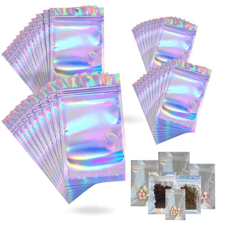 Custom Printed Plastic Smell Proof Zipper Mylar Zip Lock Packaging 3 Side Seal Beauty Hologram Bag Laser Holographic Bag