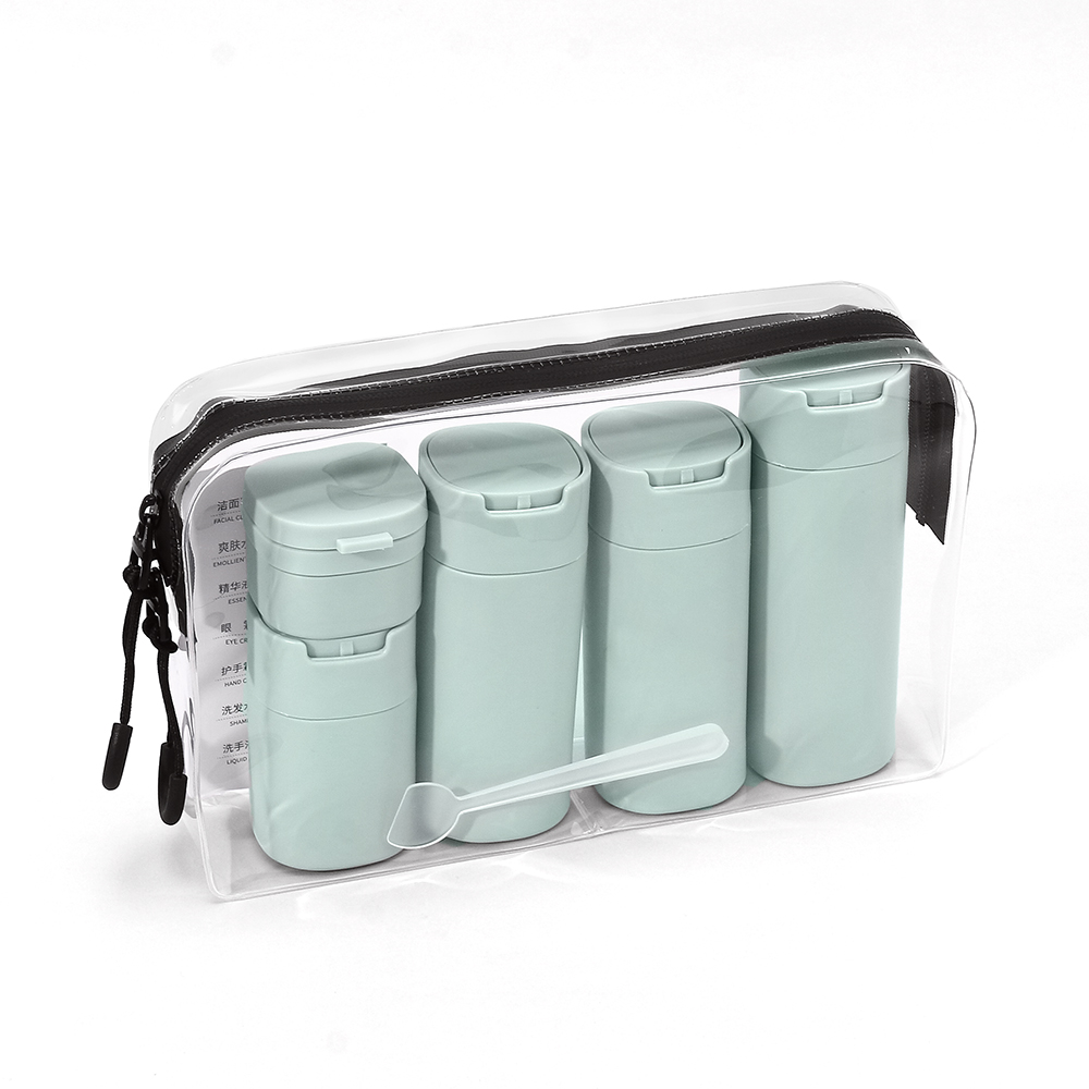 A Set Green Plastic Bottle Set Small Size OK Travel Package With Face Cream Body Wash and Lotion in Plastic Bottles