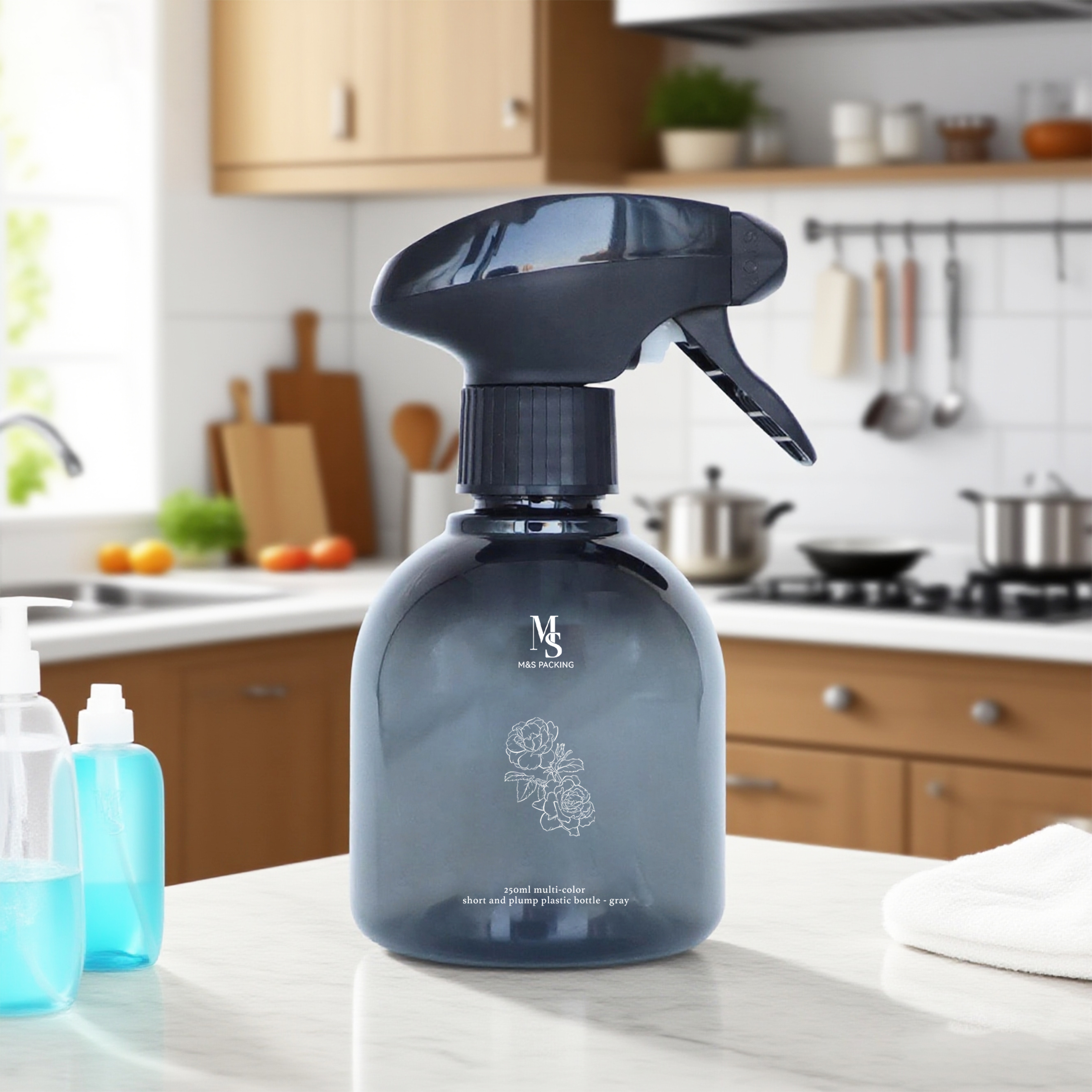 Short 250ml PET Plastic Hand Wash Detergent &amp; Shampoo Trigger Spray Refillable Beauty Packaging Bottle