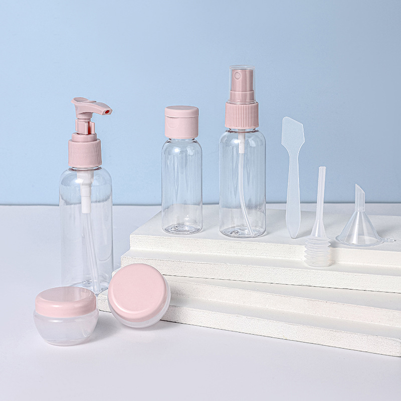 Wholesale Travel Bottles Set Travel Bottle Kits Pink White Skincare PET Plastic Bottle Plastic Cosmetic Packaging Set