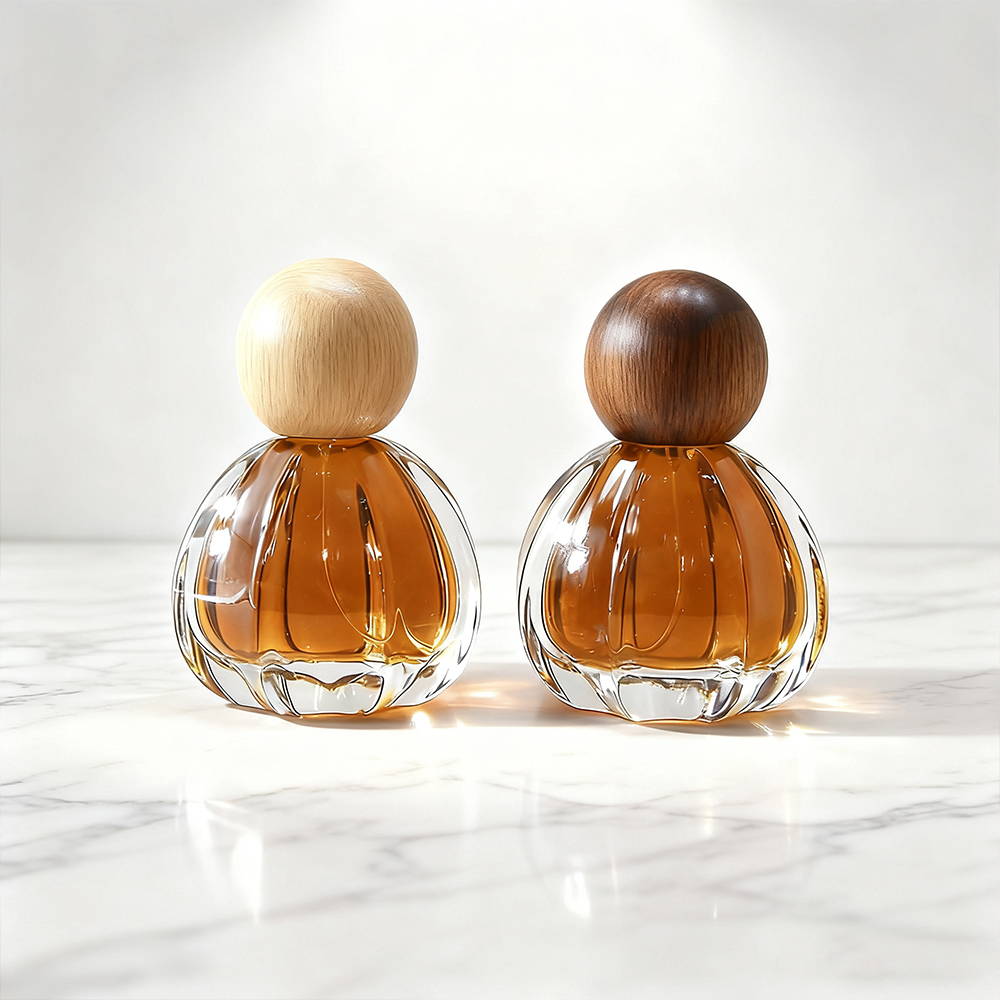 Luxury Modern Unique Round Pumpkin Shaped Glossy 50ml Glass Spray Perfume Bottles With Matte Black Wooden Ball Caps