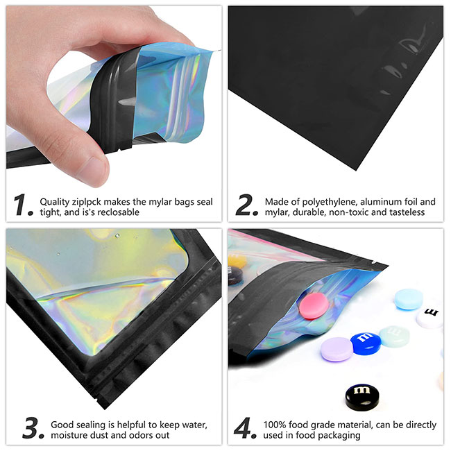 Resealable Ziplock Small Business Sealable Plastic Bag Custom Print White Black Pink Holographic Flat Mylar Packaging Zip Pouch