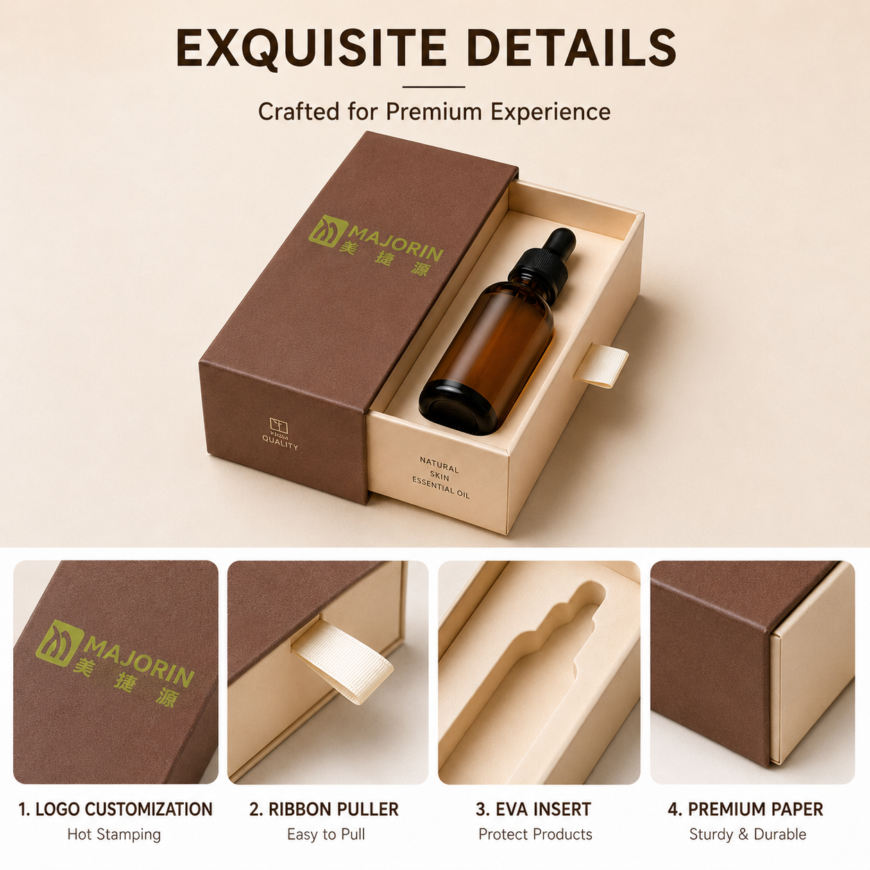 Custom Logo Luxury Eco-friendly Cosmetic Box Wholesale Rigid Paperboard Drawer Sliding Box Gold Foil Essential Oil Skincare