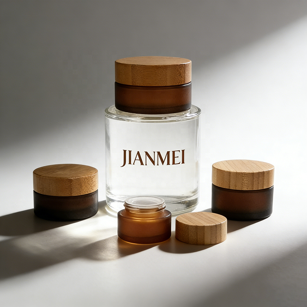 Frosted Amber Glass Jars 250ml 200ml 150ml 100ml 50ml 30ml 15ml Face Cream Glass Jar with Wooden Lid for Cosmetic Jar