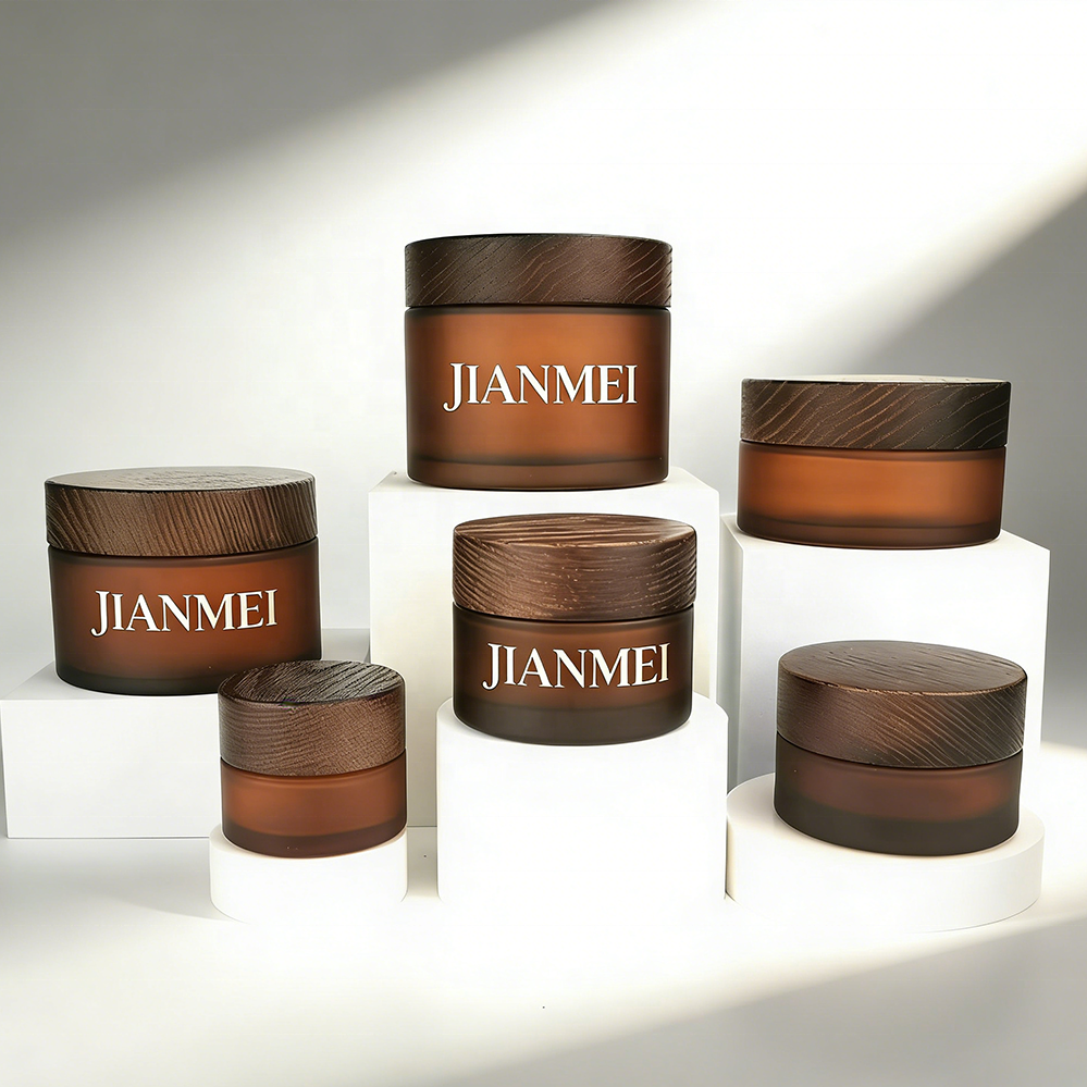 Frosted Amber Glass Jars 250ml 200ml 150ml 100ml 50ml 30ml 15ml Face Cream Glass Jar with Wooden Lid for Cosmetic Jar
