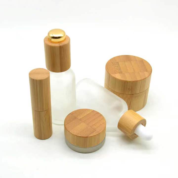 Cosmetic Containers 100% Organic Wood Bamboo Glass Jar\/Bottle Cosmetic Packaging