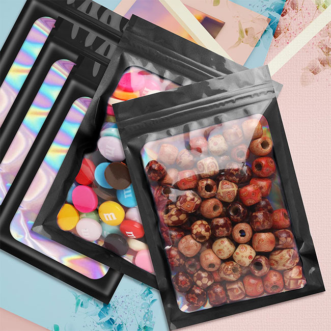 Resealable Ziplock Small Business Sealable Plastic Bag Custom Print White Black Pink Holographic Flat Mylar Packaging Zip Pouch