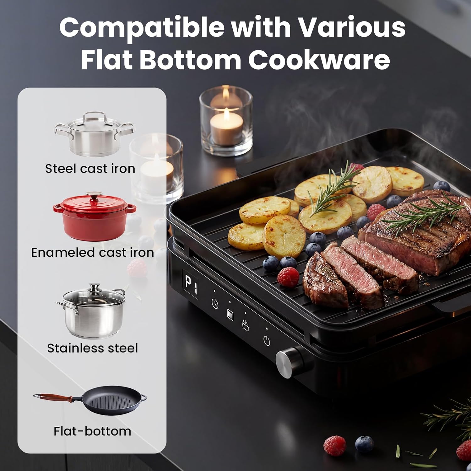 Olayks Portable Induction Cooktop 1500W Touch Control 8 Power Levels 99 Min Timer Easy to Clean Cooking Pot Grill Pan
