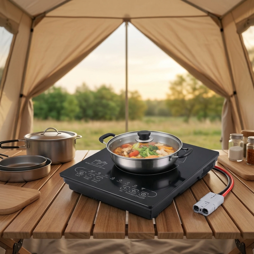 48V Battery-Powered Built-in 1500W Single Element Induction Cooktop Ceramic Surface Touch Control for RVs Vans Household Outdoor