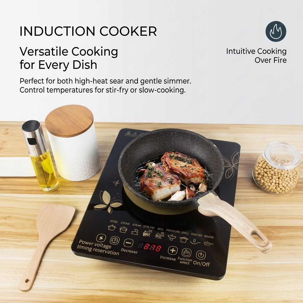 Electric Induction Cooktop Home Use Smart Timer Hot Pot Stir-Fry Stew Multi-Function; 1000W Large Waterproof All-in-One;
